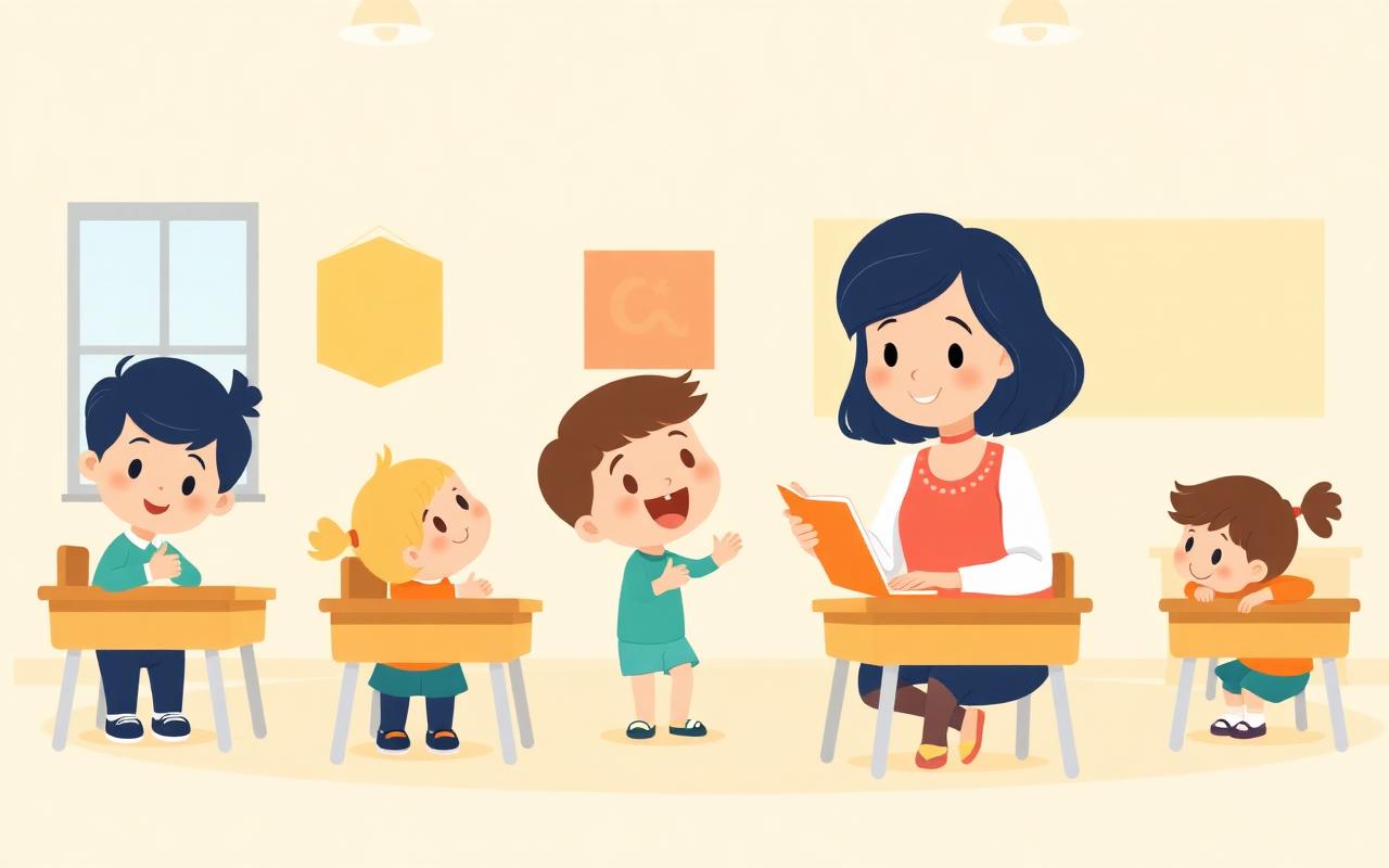 A cartoon of one friendly teacher happily helping a small group of children, each at their own little desk or activity, sh...