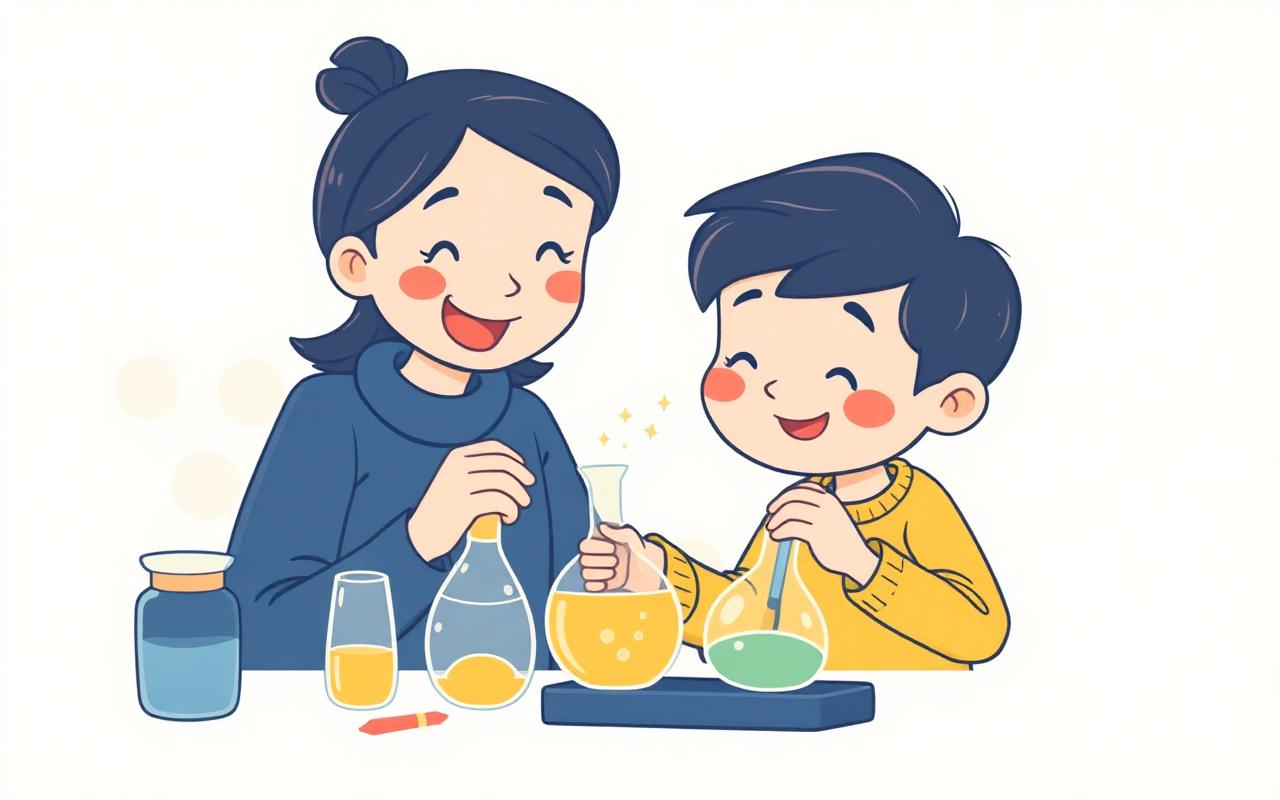 A cheerful cartoon of an enthusiastic child deep in an exciting, hands-on project like a science experiment or building so...