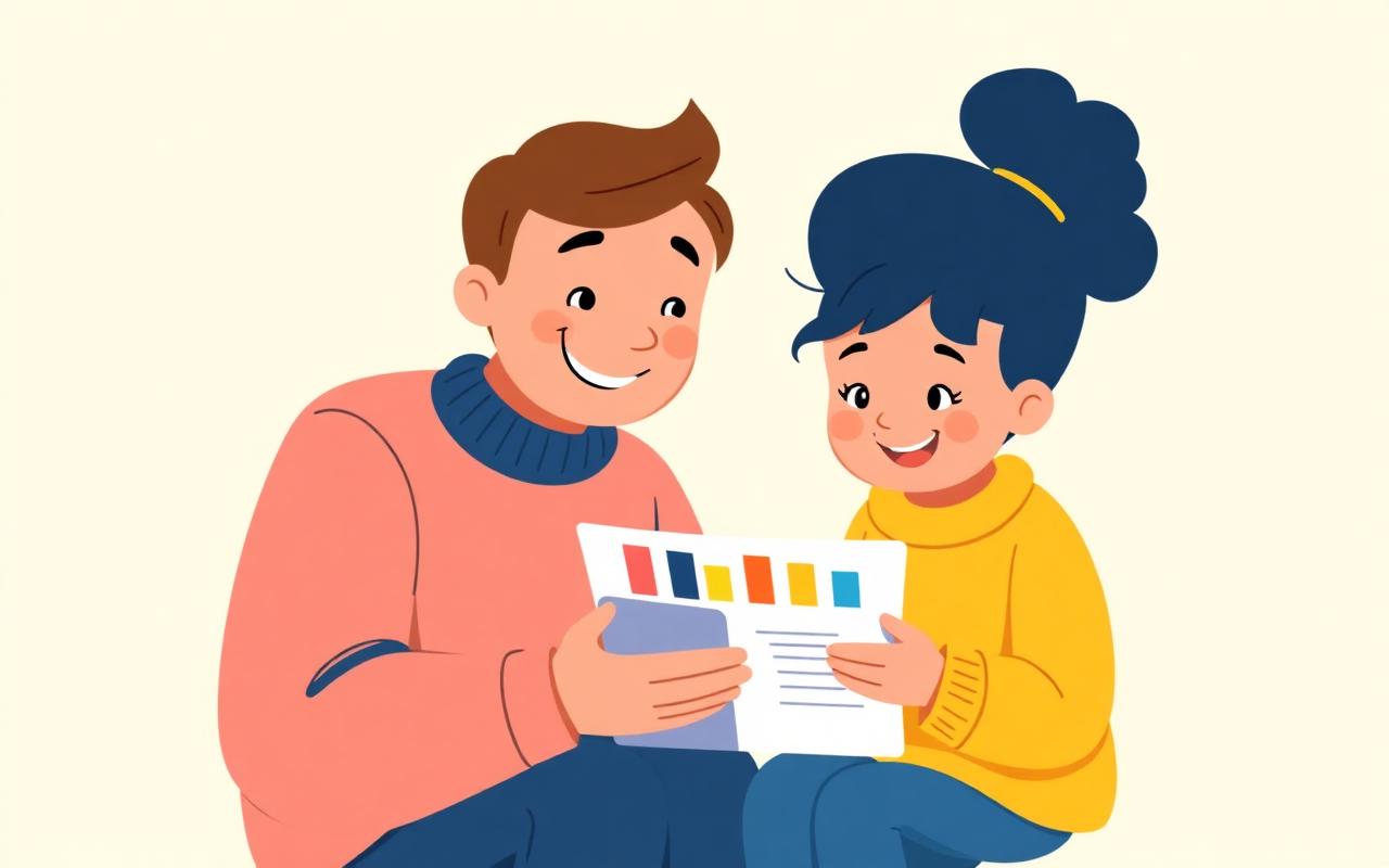 A cheerful cartoon of a parent and child looking together at a simple, friendly report showing a few colorful bars of diff...