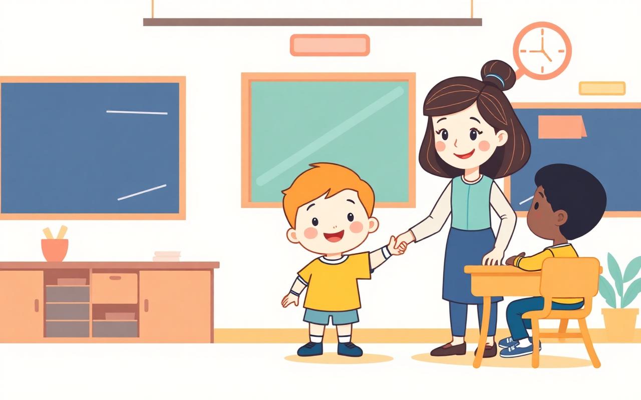 A gentle cartoon scene where a slightly shy child is warmly welcomed by a kind teacher and a friendly classmate reaching o...