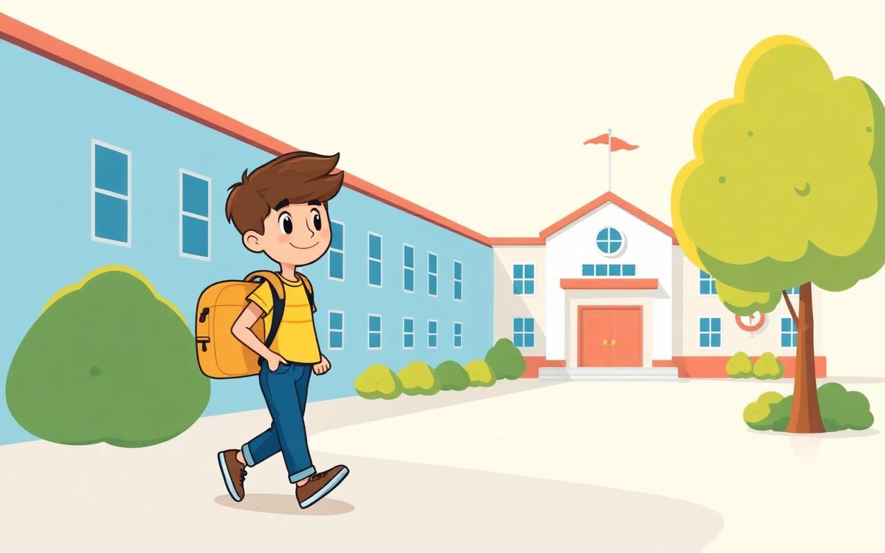 A cheerful cartoon of a confident young teen with a backpack walking toward a larger, friendly school building, looking ho...