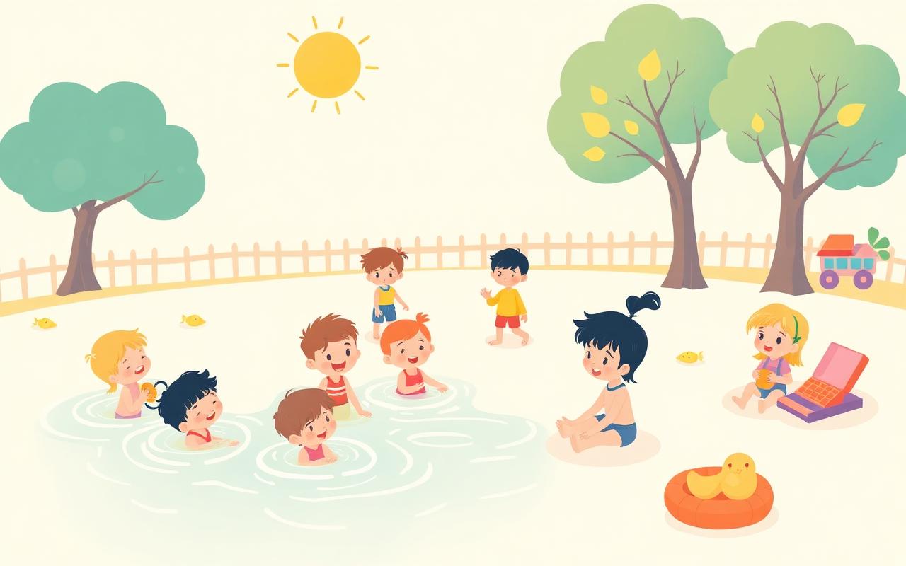 A joyful cartoon of happy kids at a sunny summer day camp, some swimming, some playing games, some doing crafts outdoors u...