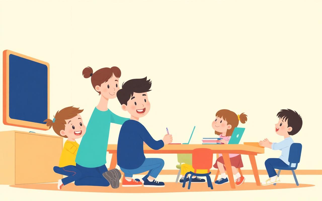 A cheerful cartoon of a small group of middle-school-age kids working on a project together with a supportive teacher, bri...
