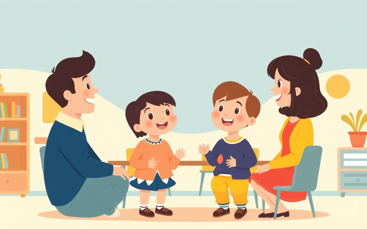A friendly cartoon of a parent and teacher chatting warmly with a happy child between them, cozy classroom setting, everyo...