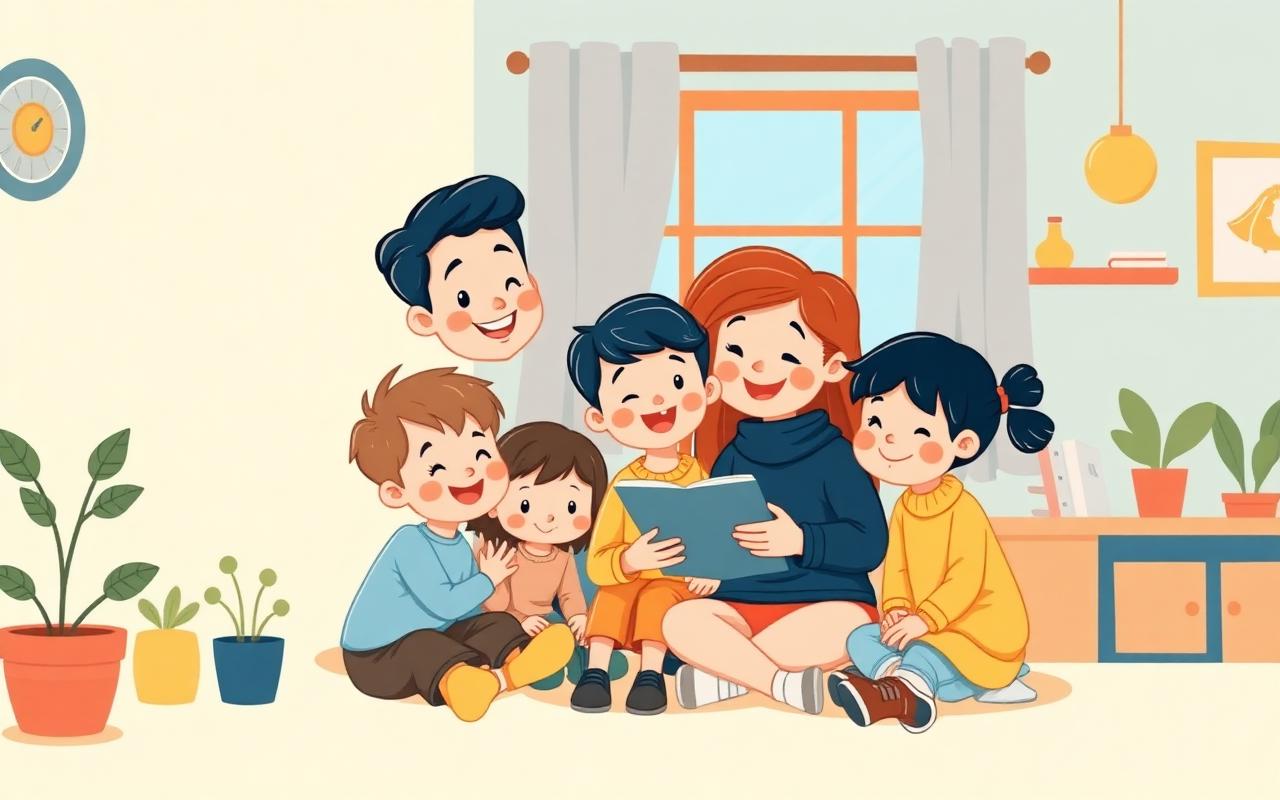 A cozy cartoon scene of four or five happy children gathered closely around one smiling teacher who is showing them someth...