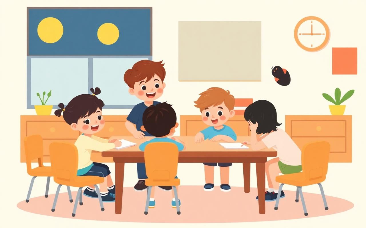 A cheerful cartoon classroom with children of slightly different ages and heights working together happily, an older child...