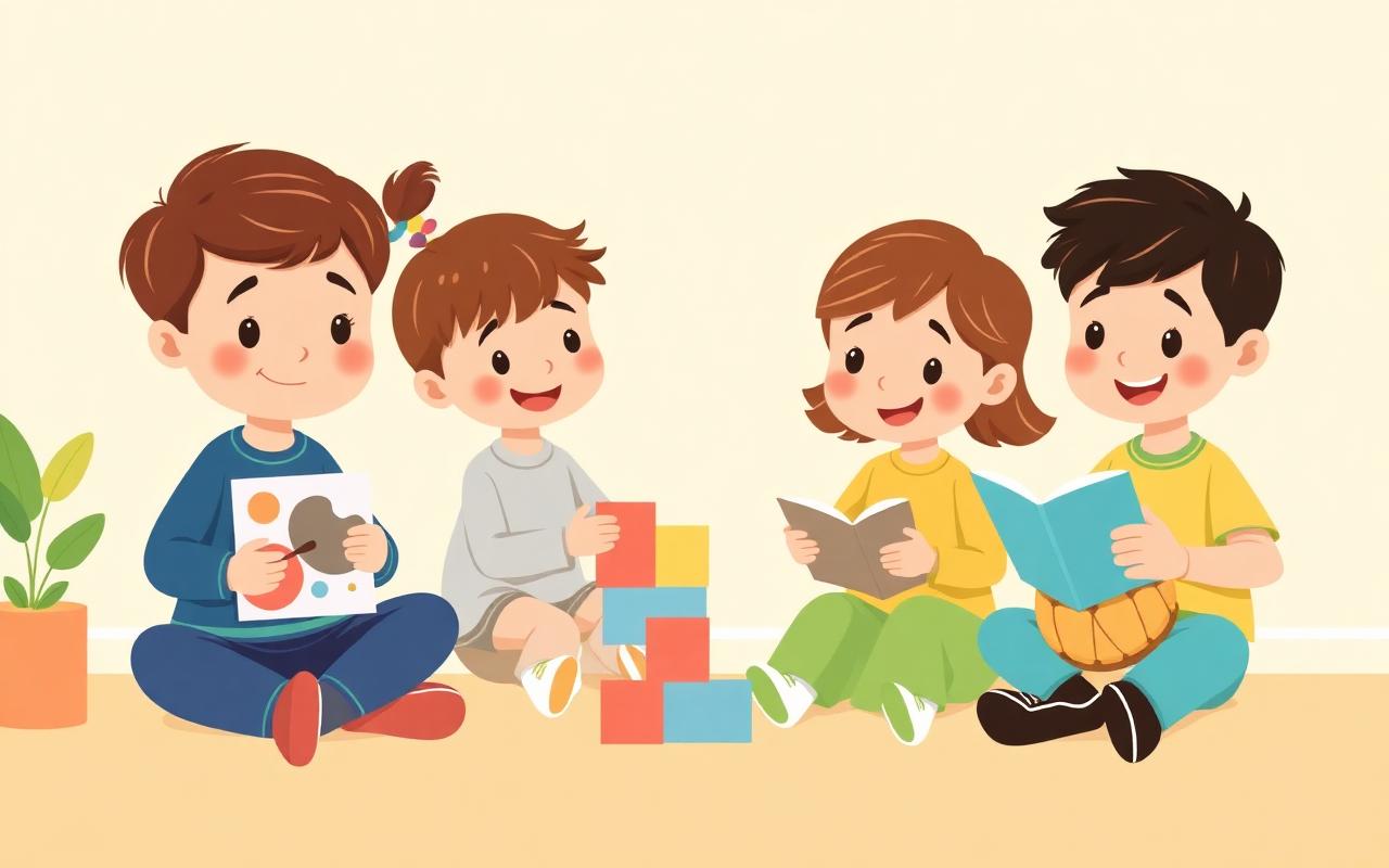 A cheerful cartoon scene of a few children each doing a different activity that fits a strength, one painting, one buildin...