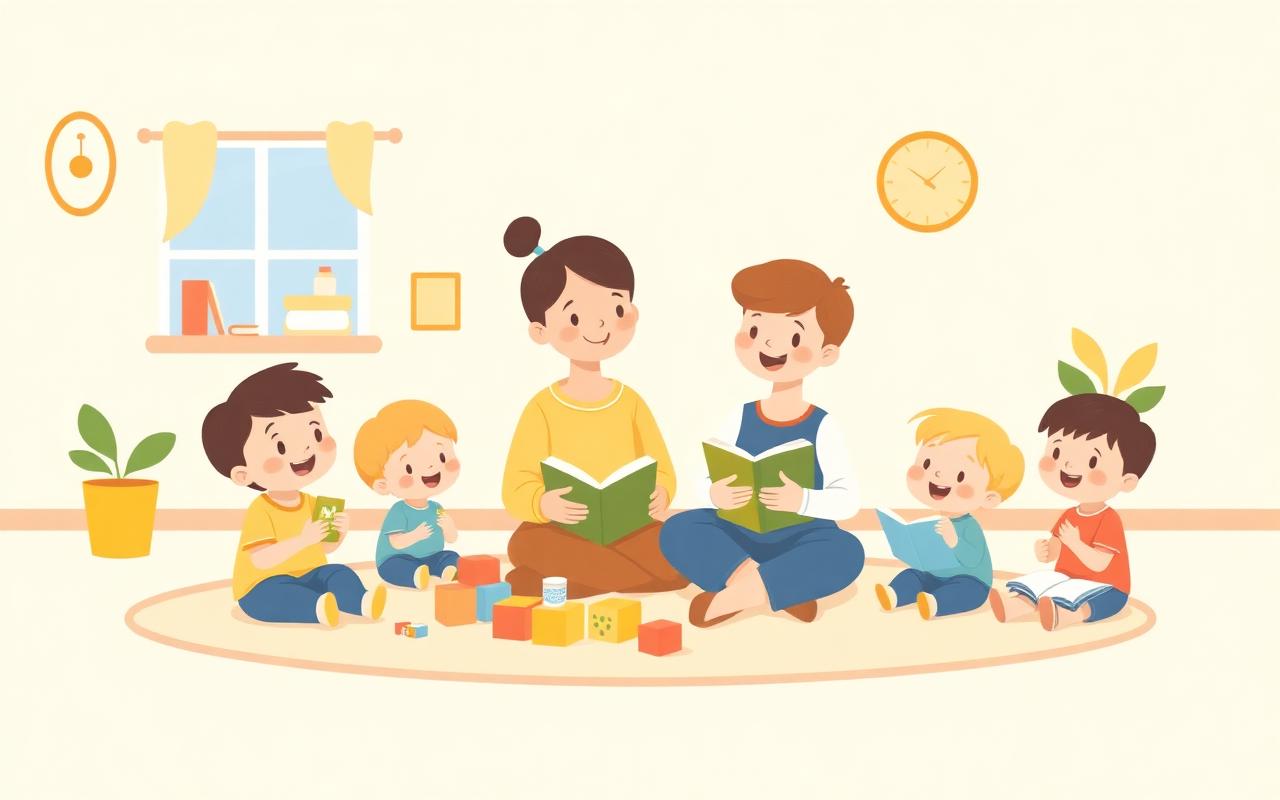 A cheerful cartoon of happy little preschoolers playing and learning with blocks, art supplies, and picture books, a warm ...