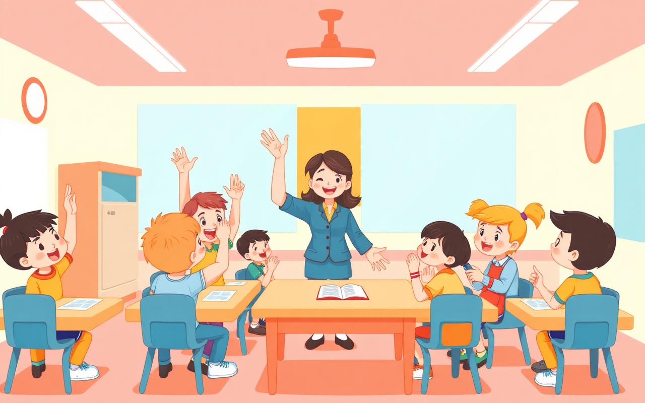A cheerful cartoon of elementary-age kids in a bright classroom, some raising hands, some reading, a happy teacher helping...