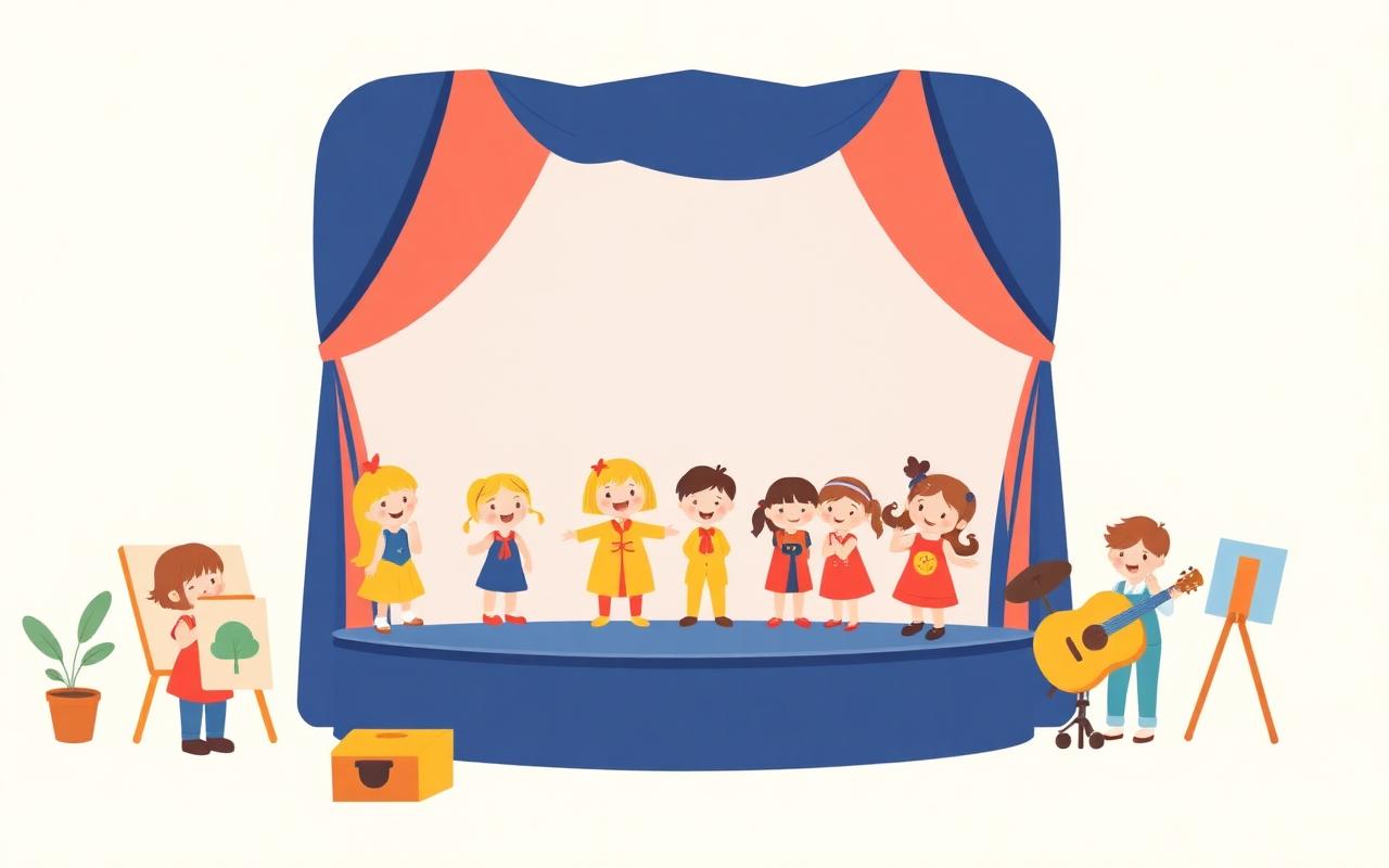 A joyful cartoon of happy kids on a small stage in simple costumes, with other children painting and playing instruments n...