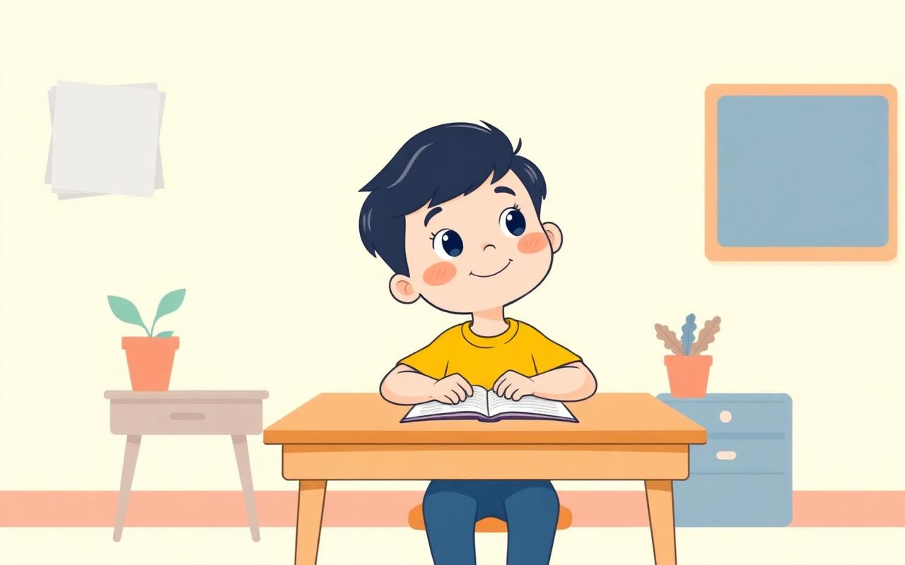 A cheerful cartoon of a bright child at a desk who has quickly finished their easy work and looks a little restless and da...