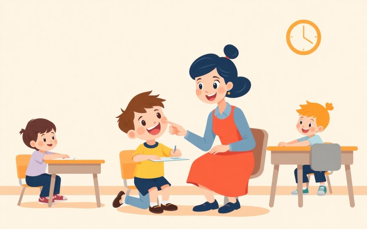 A warm cartoon teacher kneeling beside one child's desk, pointing at their work with a friendly smile while the child look...