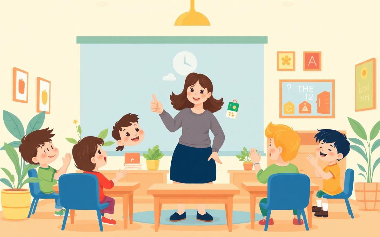 A cozy cartoon classroom where a warm teacher gives an encouraging thumbs-up to a proud child holding up a handmade craft ...