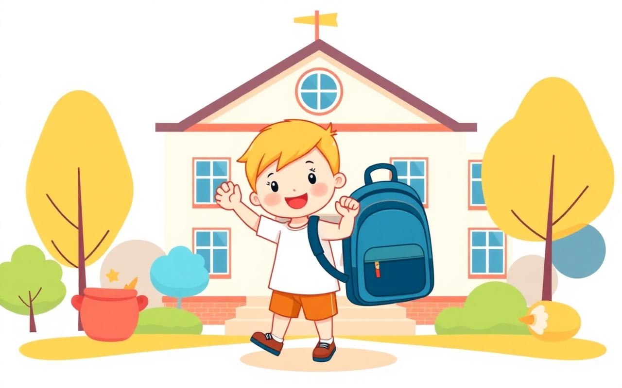 A cheerful cartoon of a proud little child with a small backpack, waving happily, ready for a first day of school, sunny a...